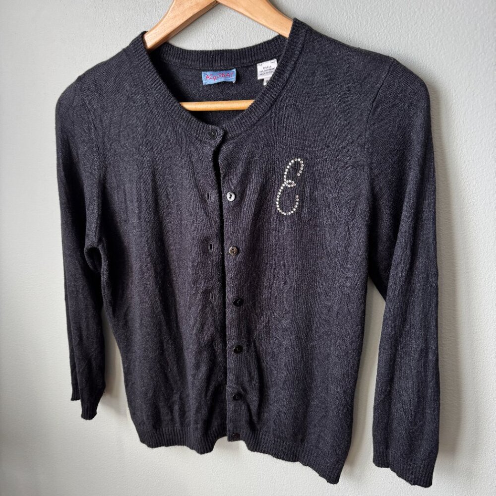Black Silk Cashmere Cardigan E Rhinestone Monogram SP/XS - Picture 6 of 16
